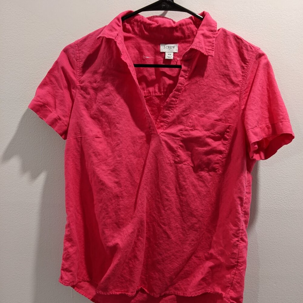 J Crew Women's Linen Short Sleeve  Popover Shirt Size XS Fuchsia Pink
